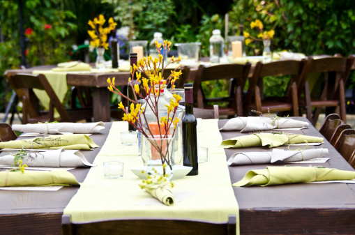 Garden party outside with table arrangement