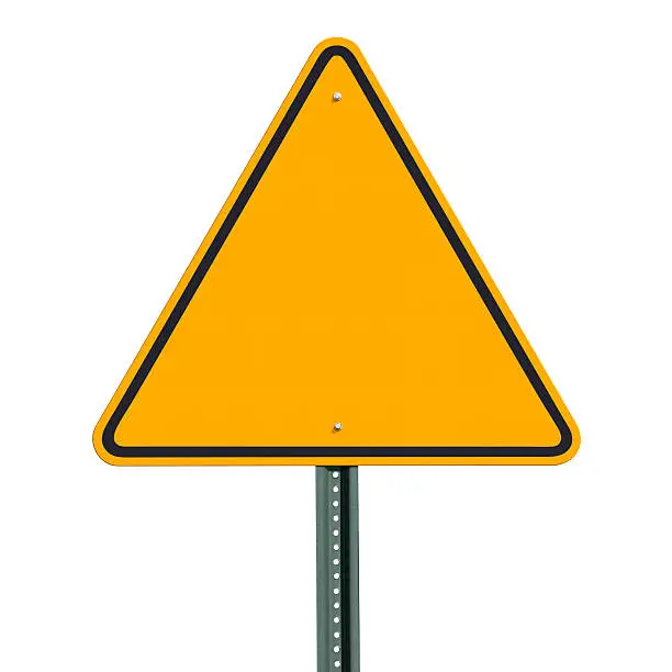 Photo of Blank Triangular Warning Sign Post Isolated with Clipping Path