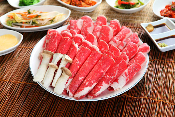 Korean BBQ Korean Barbecue ( Raw Sliced Beef) with Mushroom & Banchan(Side Dishes) banchan stock pictures, royalty-free photos & images