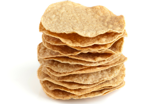 Stack of Mexican Tostadas on white background
