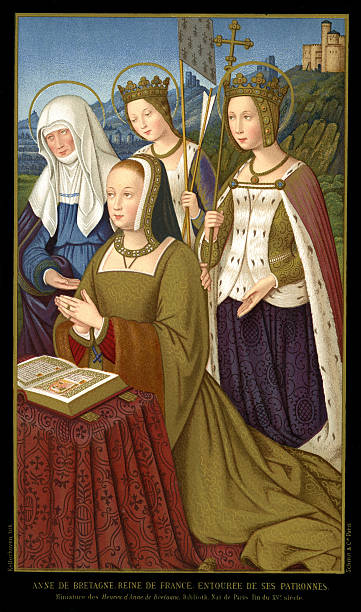 Queen Anne of Brittany Vintage lithograph from an orginal miniature of Anne of Brittany Queen of France surrounded by her patron Saints. Anne, Duchess of Brittany (25 January 1476 to 9 January 1514), also known as Anna of Brittany, was a Breton ruler, who was to become queen to two successive French kings. circa 15th century stock illustrations