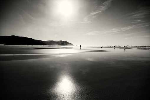 Photo of the Amado Beach in Algarve. Black and white, film and grain simulation on processing.
