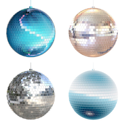 Set of 4 sparkling disco balls on a white background.