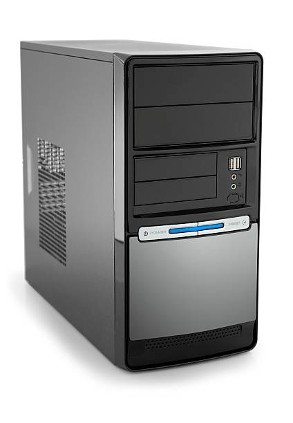 nowoczesny czarny pc tower z copyspace na białym tle - screwdriver isolated blue work tool zdjęcia i obrazy z banku zdjęć