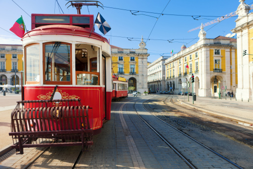 Old trolley bus on Praca Do Comercio,, Lisbon,, Portugal
