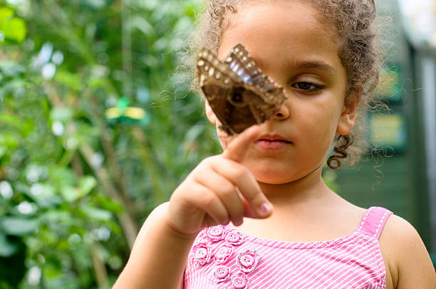 Macro photo of butterfly on human finger. Models face is seen blurred. Selective focus on butterfly. Shot under daylight with a full frame mirrorless camera.
