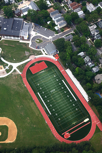 Aerial view of a school track and playing field, NJ, USA.