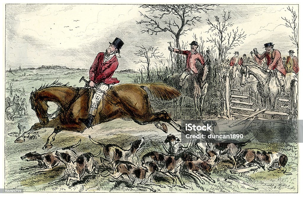 Victorian Fox Hunt Vintage engraving from 1875 of people out fox hunting with the hounds and horses Fox Hunting stock illustration