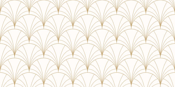 Luxury art deco seamless pattern. Golden vector geometric linear ornament Luxury art deco seamless pattern. Golden vector geometric linear texture with curved lines, fish scale ornament, peacock pattern, grid. Elegant gold and white abstract background. Repeat geo design peacock stock illustrations