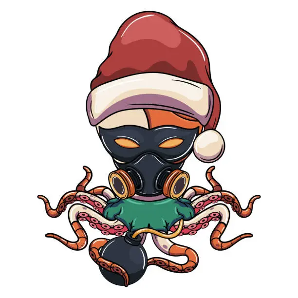 Vector illustration of Cartoon cyborg octopus character with christmas santa claus hat, with eye mask, gas mask and with a bomb. Illustration for fantasy, science fiction and adventure comics