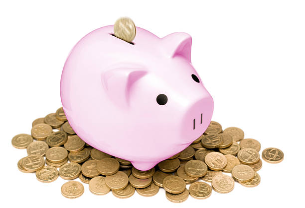 American coins and a piggy bank with a ladder against the background of 100 US dollar bills