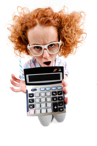 nerd girl with a calculator in white background.
