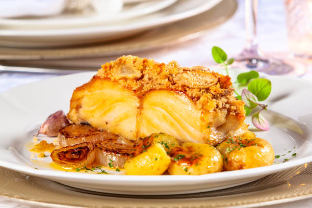 roast cod - kabeljauw stockfoto's en -beelden