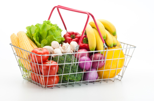 Metal Shopping Basket with Fruits and Vegetables on White Background.  