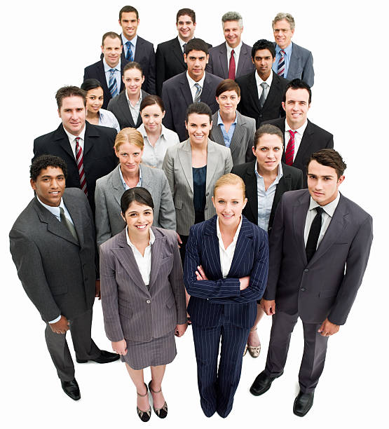 High angle view of a diverse group of business people. Square shot. Isolated on white.