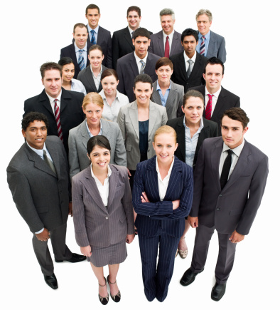 Group happy colleagues a business team isolated on gray background with copy space for text content