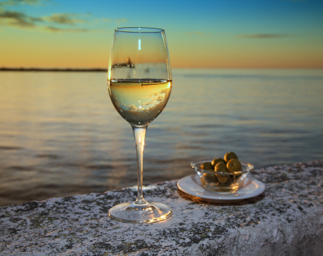 Glass of Wine and Olives by the Sea-Novigrad-Croatia