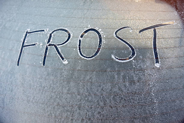 Frosty car window with word frost written on it