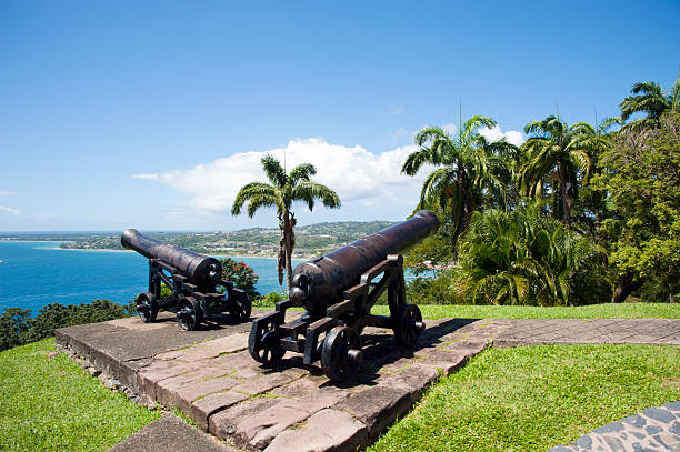 Fort King George Series Tobago Two cannons under blue skies on top of a hill overlooking the Atlantic Ocean captured at Fort King George in Tobago, W.I. tobago stock pictures, royalty-free photos & images