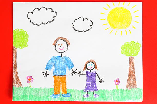 Childs drawing of a father and daughter holding hands A child-like drawing of a father and daughter taking a walk in the park.   crayon drawing photos stock pictures, royalty-free photos & images