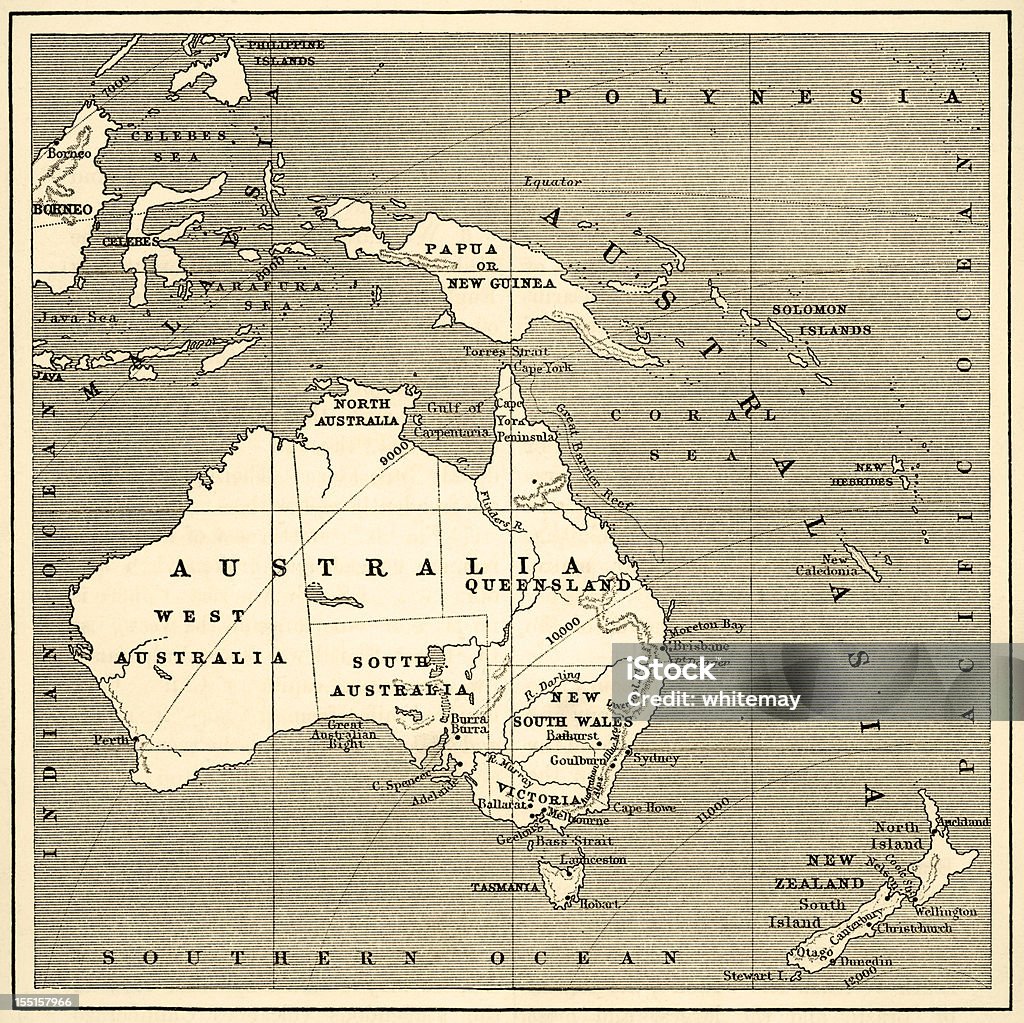 Карта Австралии (1882 гравировка - Стоковые иллюстрации Карта роялти-фри