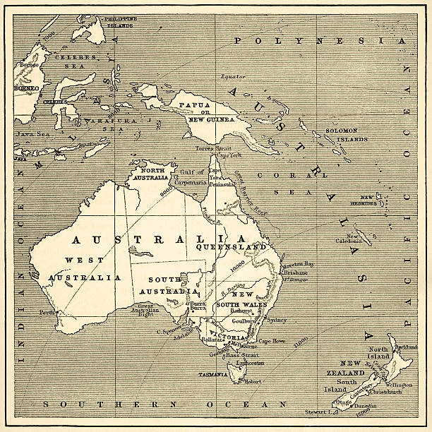 Map of Australasia (1882 engraving) Old map of Australasia from "Royal Geographical Readers no. 5" of Asia, Africa, America and Oceania, publ. T Nelson & Sons, London in 1883. new zealand australia cartography western australia stock illustrations