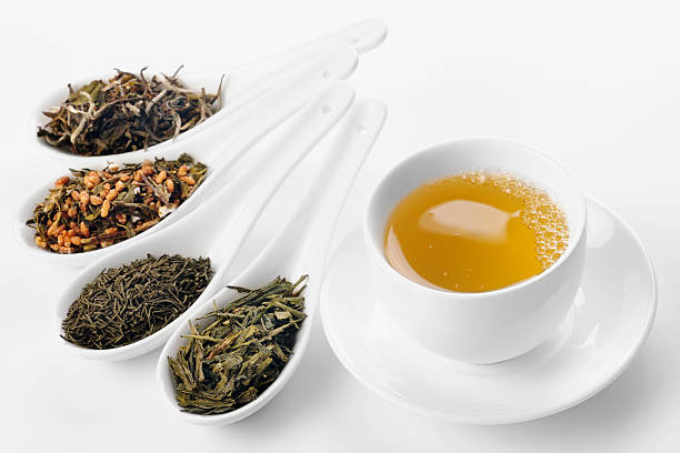 istock Different sorts of green tea with cup 155158015
