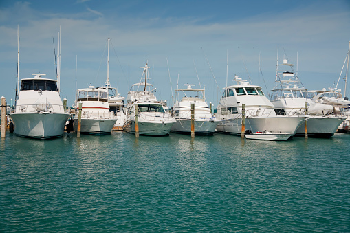 Row of luxury yachts (power boats) docked in Key West, Florida.