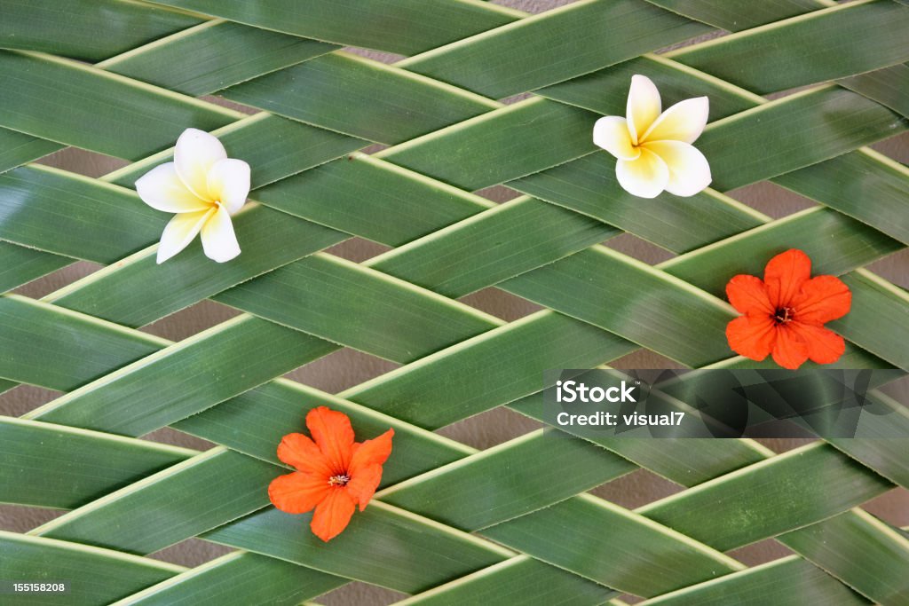 palm leaf pattern with flowers palm leaf pattern with frangipani and hibiskus flowers, full frame background Weaving Stock Photo