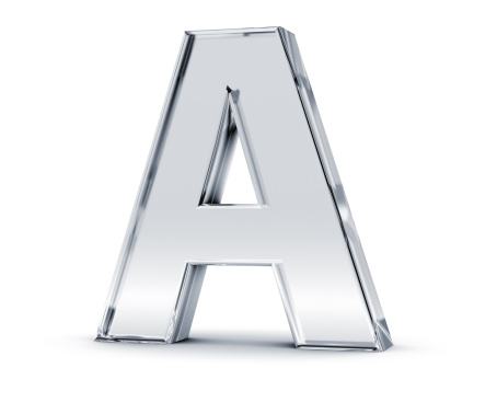 3D rendering of letter A made of transparent glass with Shades and Shadow isolated on white background.