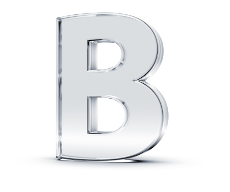 3D rendering of letter B made of transparent glass with Shades and Shadow isolated on white background.