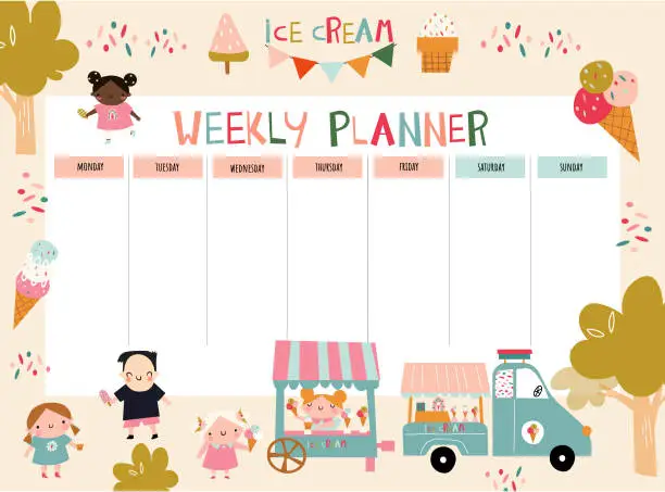 Vector illustration of Ice cream weekly planner.Weekly planner with ice cream parlor and kids outdoors.