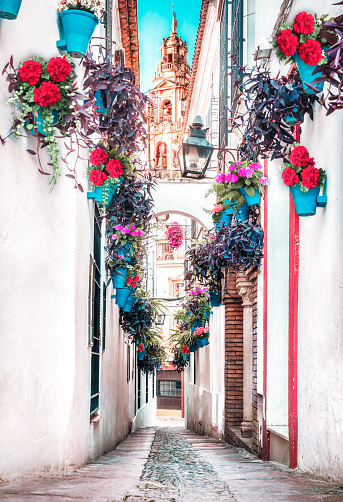 Cordoba, Spain - Flowers street (calle de las Flores in spanish) and Cordova mosque. Medieval city in Europe