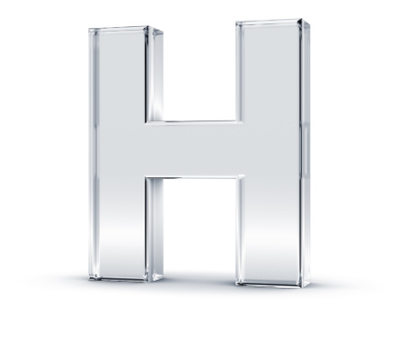 3D rendering of letter H made of transparent glass with Shades and Shadow isolated on white background.