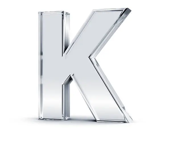 3D rendering of letter K made of transparent glass with Shades and Shadow isolated on white background.