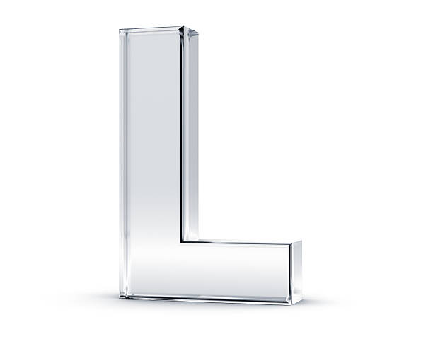3D rendering of letter L made of transparent glass with Shades and Shadow isolated on white background.