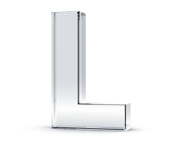 3D rendering of letter L made of transparent glass with Shades and Shadow isolated on white background.