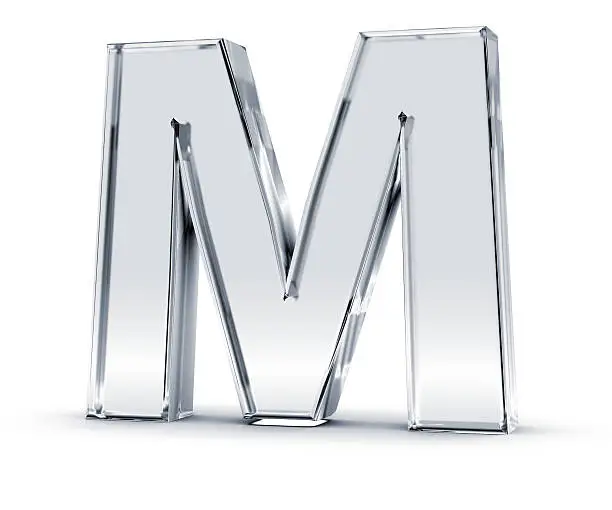 3D rendering of letter M made of transparent glass with Shades and Shadow isolated on white background.