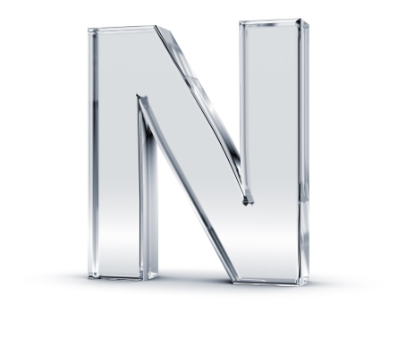 3D rendering of letter N made of transparent glass with Shades and Shadow isolated on white background.