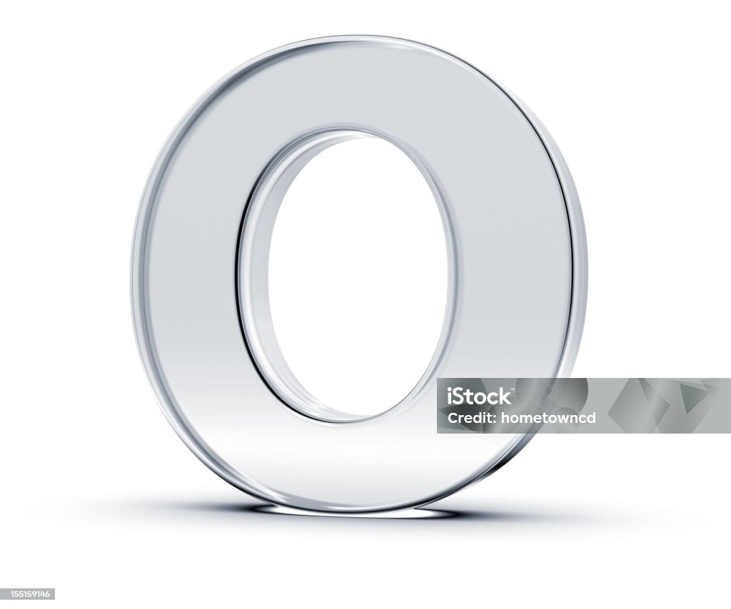 A metallic letter O standing upward 3D rendering of letter O made of transparent glass with Shades and Shadow isolated on white background. Three Dimensional Stock Photo