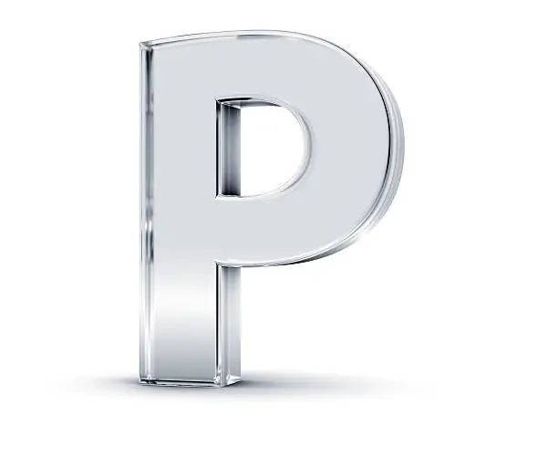 3D rendering of letter P made of transparent glass with Shades and Shadow isolated on white background.