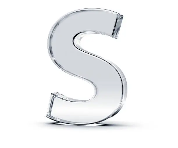 3D rendering of letter S made of transparent glass with Shades and Shadow isolated on white background.