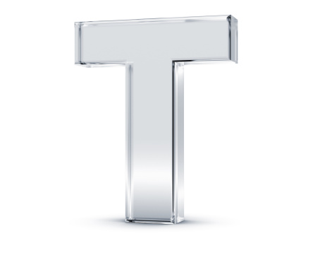 3D rendering of letter T made of transparent glass with Shades and Shadow isolated on white background.