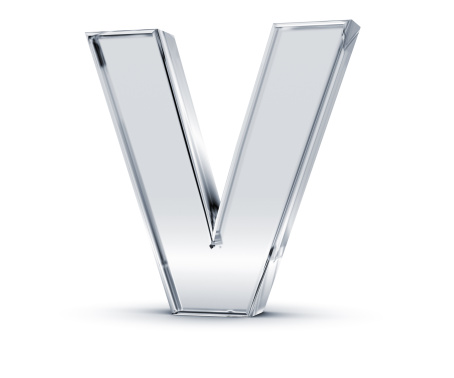 3D rendering of letter V made of transparent glass with Shades and Shadow isolated on white background.