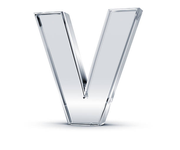 3D letter V in silver on a white background 3D rendering of letter V made of transparent glass with Shades and Shadow isolated on white background. letter v stock pictures, royalty-free photos & images