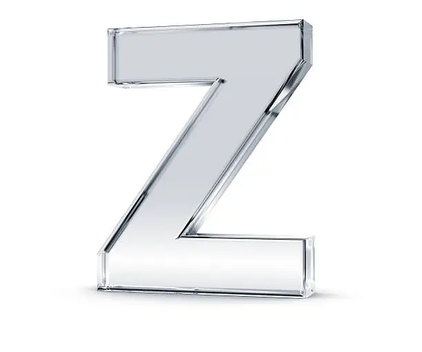 3D rendering of letter Z made of transparent glass with Shades and Shadow isolated on white background.