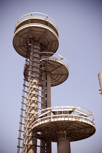 Towers of New York State Pavilion in Flushing Meadows Corona Park, Queens, New York from World's Fair, in bad conditions.