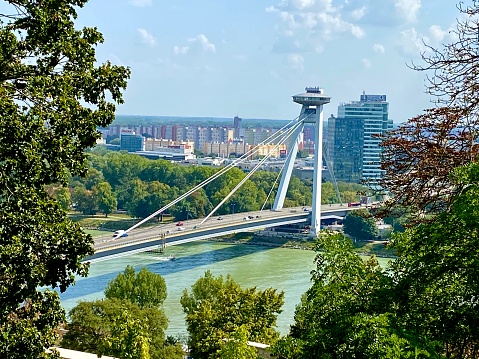 Suspension bridge over the Danube river in Bratislava in Slovakia