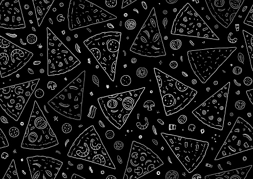 Simple white sketch doodle drawing of different flavors of pizza slices on a blackboard background. Seamless so will tile endlessly