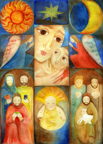 Nativity scene, upper part: sun, star of bethlehem, moon, center: angels with Saint Mary, and the baby Jesus, lower part: three wise men, holy family, sepherds. Watercolor painting of my wife (Gabi Kiss) on aquarell paper. 